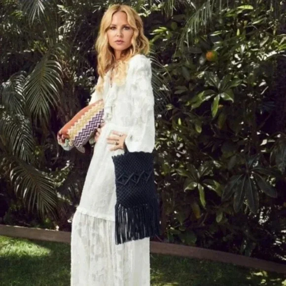 Danielle Nicole Black Macramé Boho Crossbody/Handbag with‎ Fringe. - Picture 15 of 16